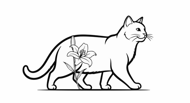 A black and white line drawing of a cat walking past a lily flower