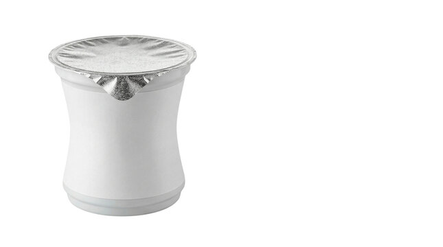 Blank white yogurt cup with silver foil lid, plastic dairy container mockup, matte white food packaging for cream or dessert branding isolated PNG with Transparent Background
