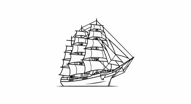 Elegant tall ship with many sails billowing in the wind