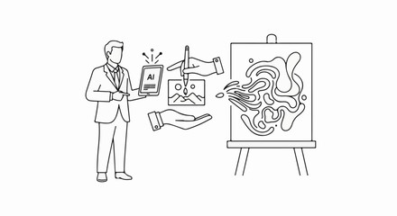 Fototapeta premium Man using AI tablet to create abstract art on a canvas with a stylus