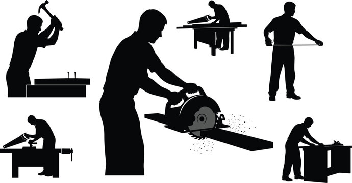Silhouette of professional carpenters using tools including hammer, saw, measuring tape, and planer in woodworking workshop, performing precise cutting, measuring, and crafting 