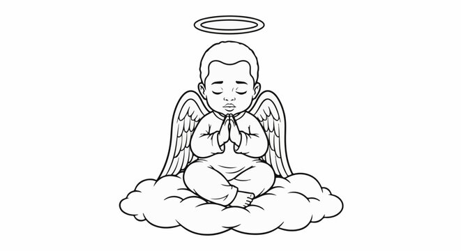 Serene baby angel with wings and halo sits peacefully on a cloud, praying