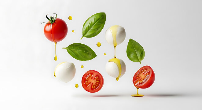 Deconstructed Caprese: Floating Tomatoes, Mozzarella, Basil & Olive Oil Drips on White
