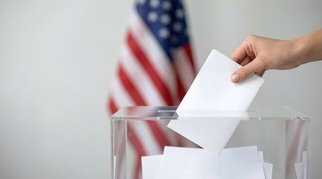 Woman casting ballot into voting box during United States election with American flag in background, democracy and civic participation concept. 