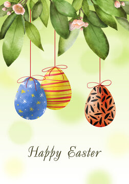 Bright Easter card with painted eggs and cherry blossoms