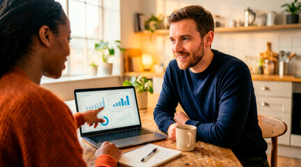 Fototapeta premium Diverse couple analyzing financial data on a laptop at home. Smiling man and woman discussing business strategy with charts and graphs. Teamwork concept