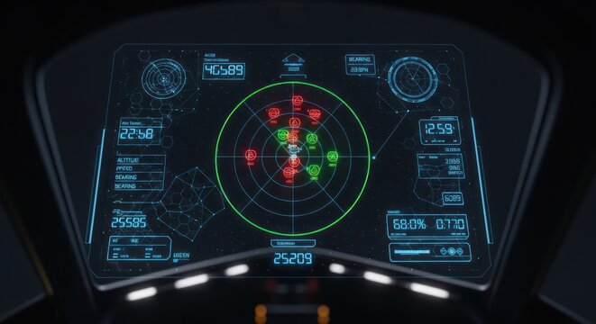 Futuristic spaceship cockpit radar screen with navigation data and targets