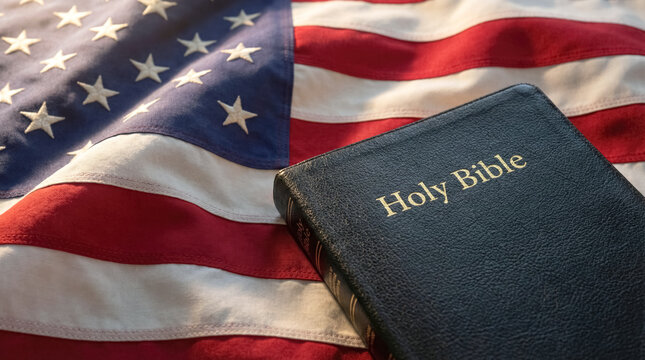 American flag and Holy Bible symbolizing faith, patriotism, religion, Christianity, and spiritual values in the United States. 