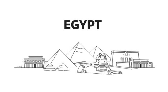 Minimalist egypt skyline line art drawing featuring pyramids sphinx and ancient monuments.