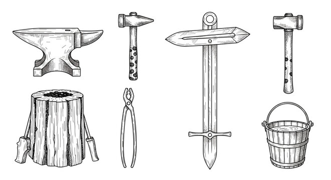 A collection of blacksmithing tools on transparent background