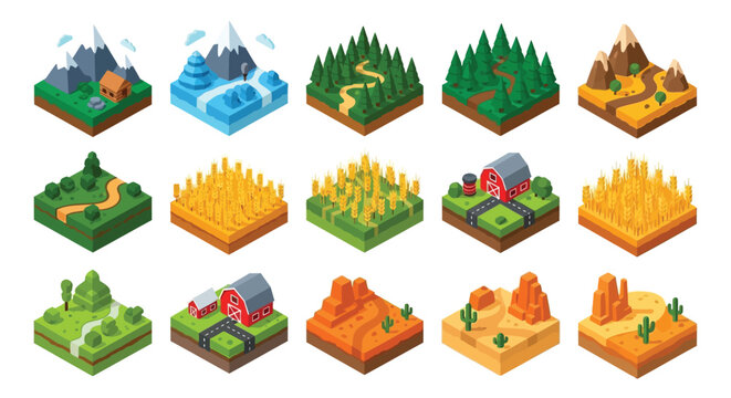 Isometric landscape modules depicting mountains fields and rural scenes