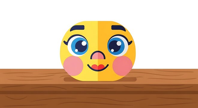 A cartoon face with big blue eyes, rosy cheeks, and a smiling mouth, appearing cheerful. It sits on a wooden surface