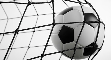 Naklejka premium Classic black and white soccer ball caught in a clean white goal net against a bright, minimalist background.