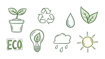 Eco-Friendly Icons: A collection of charming, hand-drawn icons that celebrate nature, recycling, and sustainable living, including a sprout, recycling symbol, droplet, leaves, and sun © Khadiza