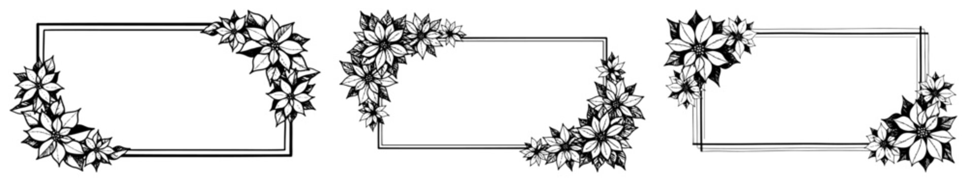 Rectangular borders with poinsettia flowers and winter botanical elements in hand drawn sketch style