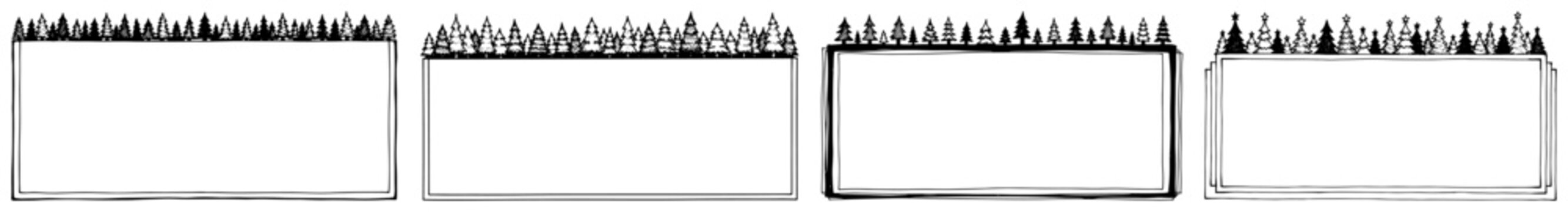 Horizontal rectangular frames featuring silhouettes of pine forest and fir trees in hand drawn sketch style