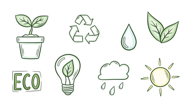 Eco-Friendly Icons: A collection of charming, hand-drawn icons that celebrate nature, recycling, and sustainable living, including a sprout, recycling symbol, droplet, leaves, and sun