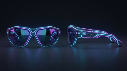 Neon-lit sunglasses showcased on a dark background from multiple angles
