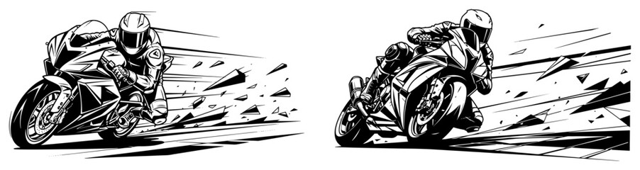 Motorcycle racing scenes with sport bike riders showing speed and motion in dynamic sketch style © Camel