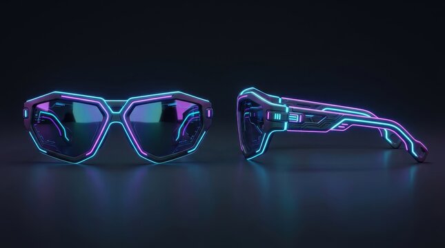Neon-lit sunglasses showcased on a dark background from multiple angles