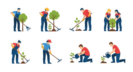 People planting trees and gardening with various tools in a flat style © MD REZAUL KARIM
