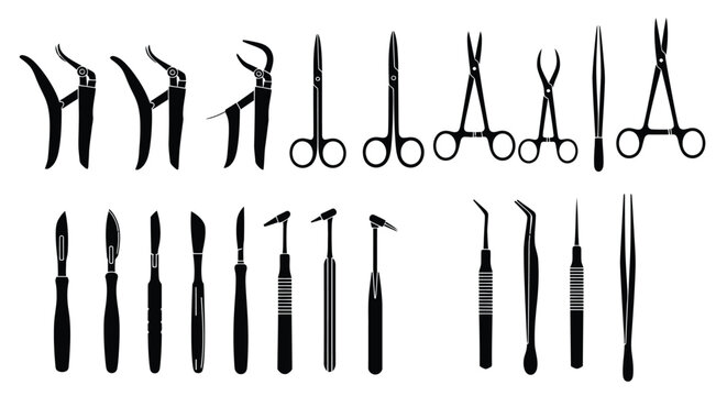 Collection of surgical instruments including forceps scalpels and scissors