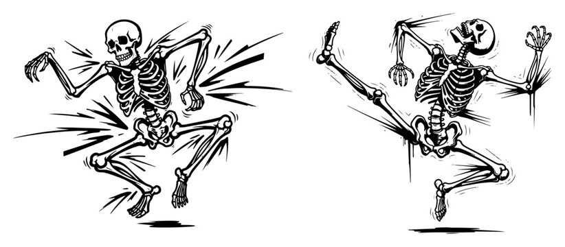 Skeleton characters dancing and kicking in energetic motion poses for Halloween in hand drawn sketch style