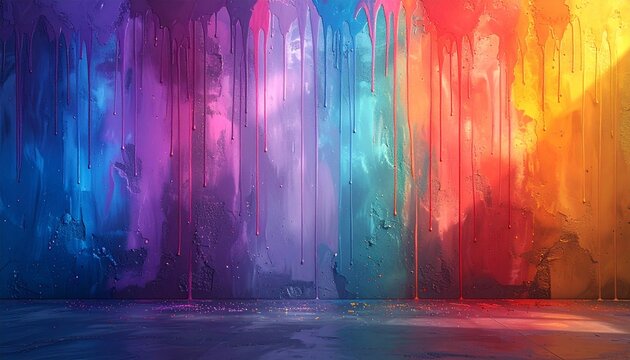 Vertical dripping rainbow paint on wall