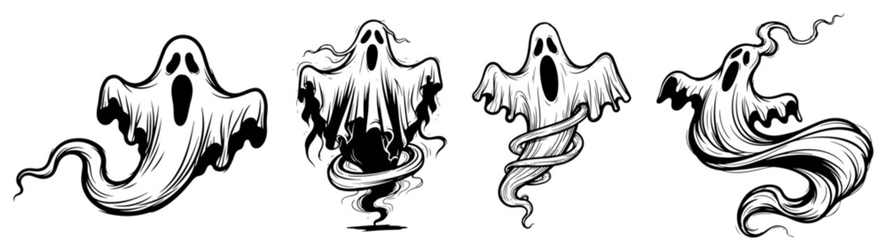 Ghost spirits floating and flying with spooky expressions for Halloween decoration in hand drawn sketch style