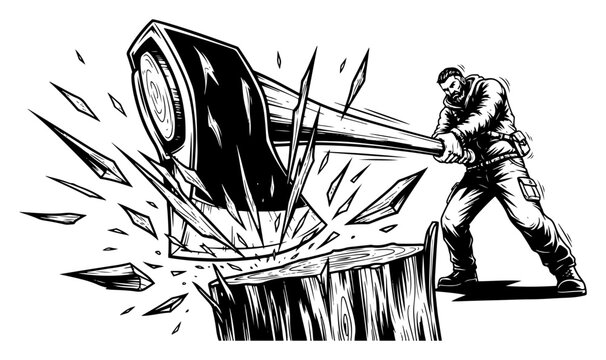Lumberjack splitting wooden log with heavy axe and flying splinters in dynamic engraving style