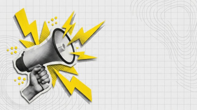 Creative collage of a hand holding a megaphone with lightning bolts for marketing announcement and business promotion.