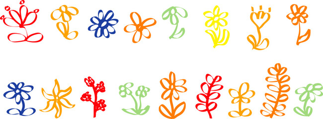 Obraz premium Hand Drawn Grunge Floral Collection with Wild Flowers, Leaves and Branches in Chalk Crayon Style