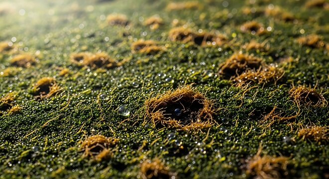 Mossy ground with orange lichen growth.