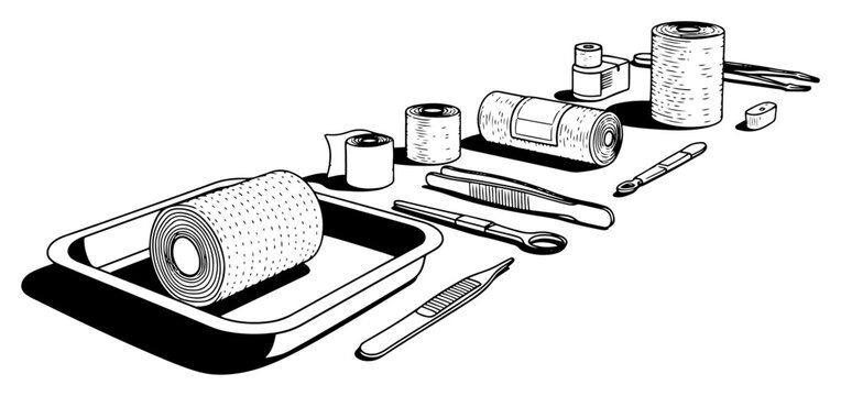 First aid supplies with bandages and surgical tools in clean graphic style