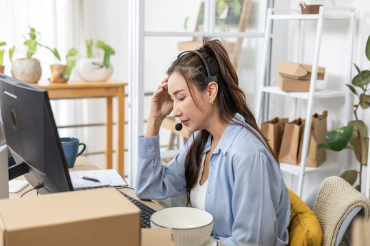 Stressed small business owner waiting for online order watching screen with worried, feeling uncertain about missing orders in home business crisis mode, Customer, service, communication, ecommerce