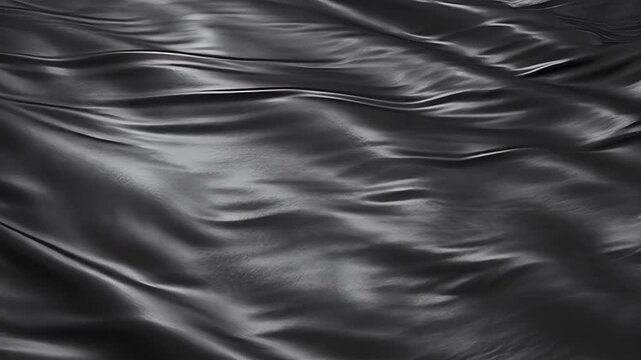 A close-up showcases the flowing, rippling texture of a dark, possibly satin or silk, fabric, creating a visually dynamic and elegant composition.