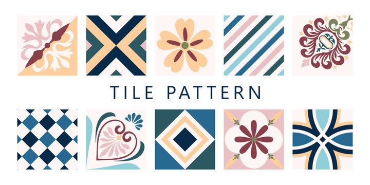 Vector seamless pattern with ornamental ceramic tiles in terracotta, orange and beige colors, mediterranean style