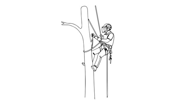 Arborist climbing a tree with safety equipment. One line drawing vector illustration. Tree surgeon maintenance concept