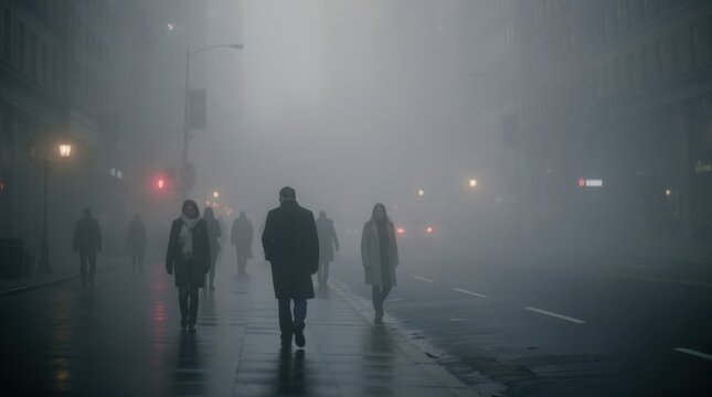People walk through a foggy city street at night, surrounded by dim streetlights and an eerie atmosphere.
