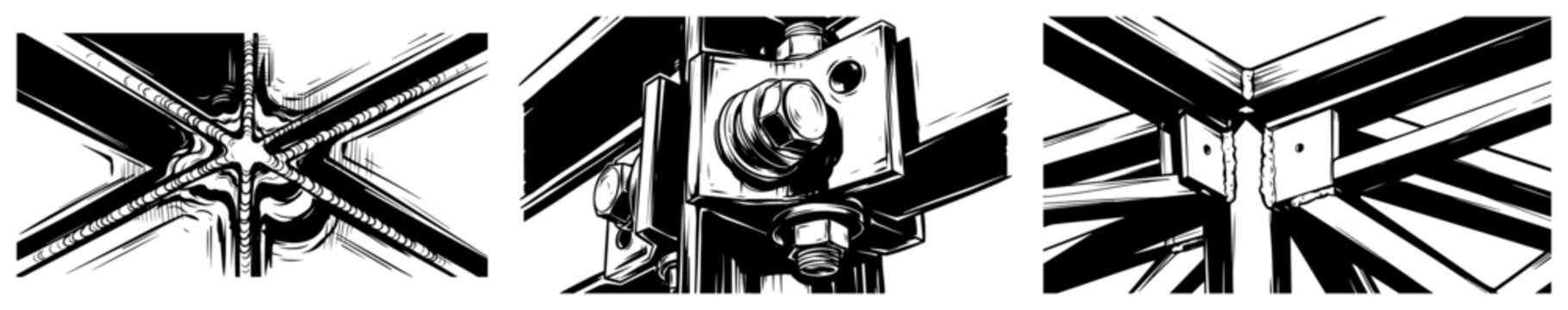 Structural engineering details showing steel joints and bolts in high contrast technical style