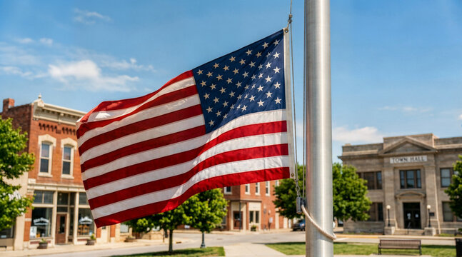 American flag waving on a flagpole in a small town square. Patriotic USA concept.
