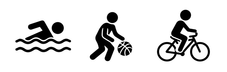 Fototapeta premium Minimal sports icon set with swimmer, basketball player, and cyclist in motion. Clean black vector pictograms on a transparent background for fitness and activity design.