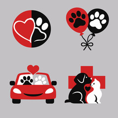 Fototapeta premium Veterinary pet care icon set with heart paw symbol, paw print balloons, rescue car and clinic cross. White background vector collection for animal health, adoption and charity themes.
