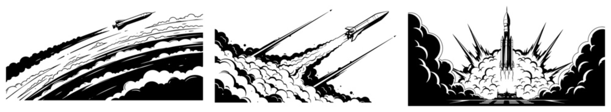 Rocket launch sequence from takeoff to flight with smoke clouds in high contrast graphic style