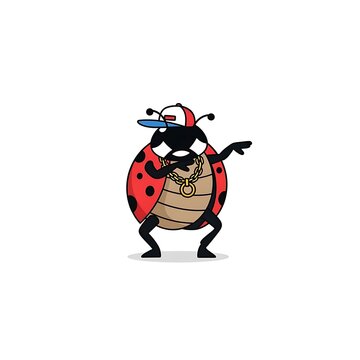 A cartoon ladybug, wearing a backwards cap and gold chain, is posed in a dab. Simple lines and primary colors