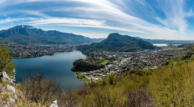 View of Lake Como, the Lecco branch, the city of Lecco, and the Brianza lakes, from Mount Moregallo.