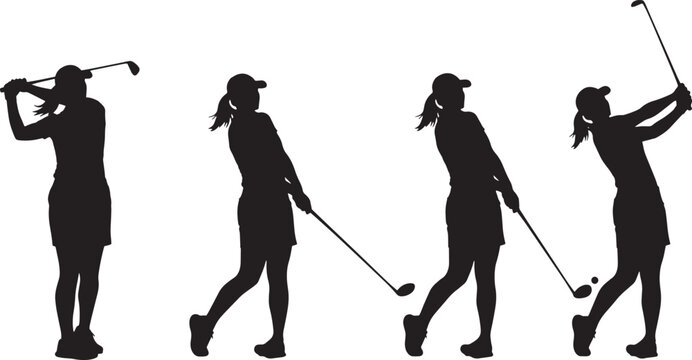 Woman Golfer Swing Sequence Silhouette Set Illustration Vector