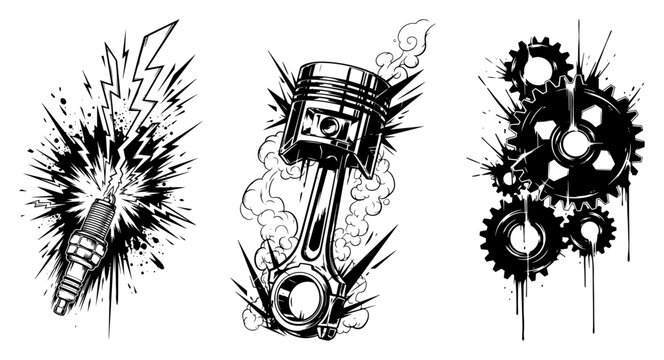 Automotive engine parts icons including spark plug piston and mechanical gears in grungy ink style