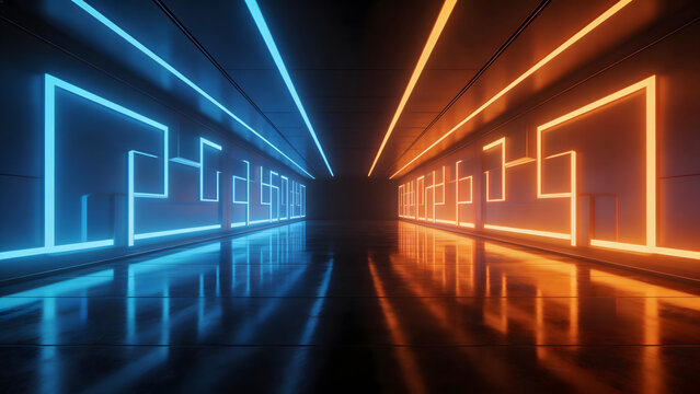 neon lit corridor with blue and orange lights