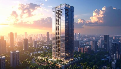 Obraz premium Modern Skyscraper Dominating Cityscape at Sunset - Architectural Marvel.